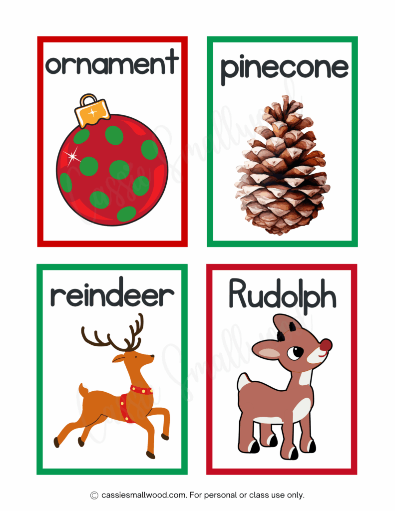 Christmas vocabulary flashcards free printable pdf, ornament flashcard, pinecone flashcard, reindeer flashcard, Rudolph flashcard