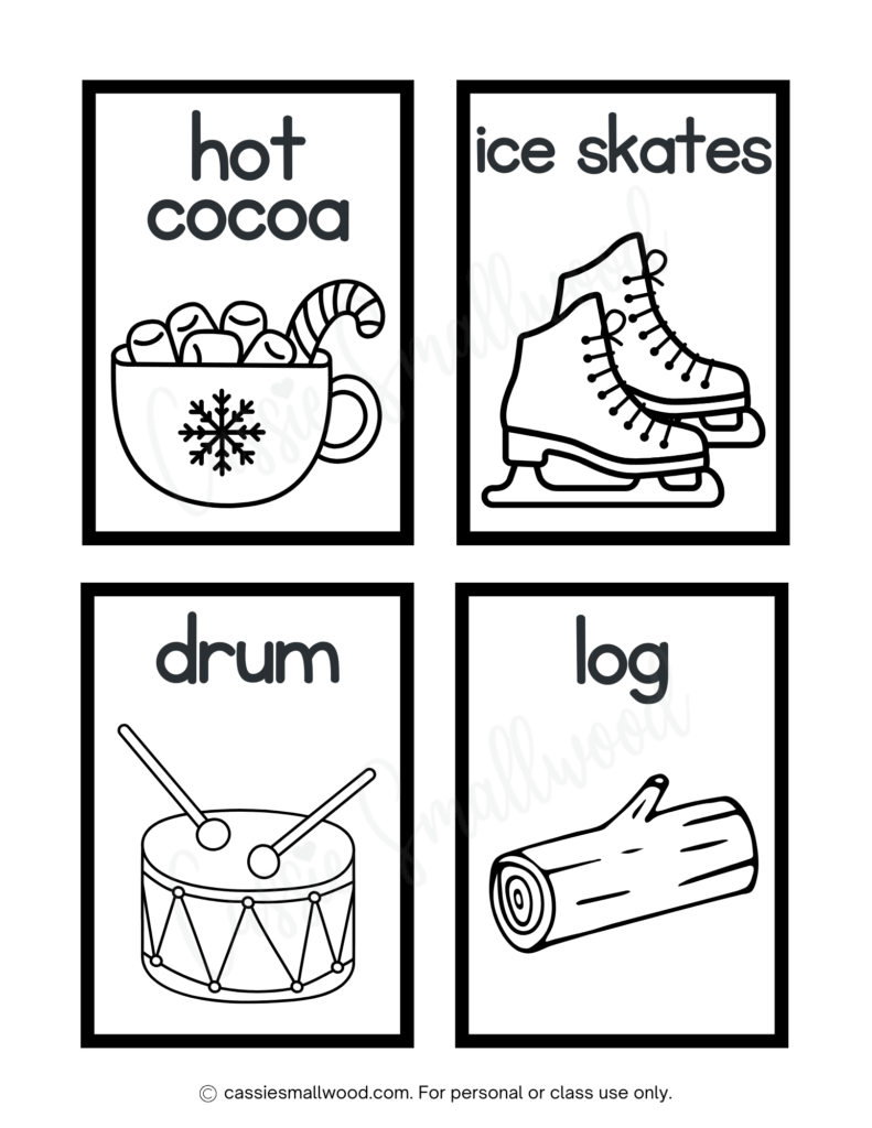 Christmas vocabulary flashcards to color free printable pdf, hot cocoa flash card, ice skates flash card, drum flash card, log flash card Christmas coloring sheets kindergarten