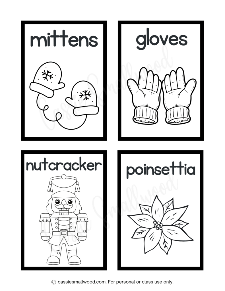 Christmas vocabulary words flash cards coloring page free printable pdf, mittens flash card, gloves flash card, nutcracker flash card, poinsettia flash card Xmas coloring sheet toddlers