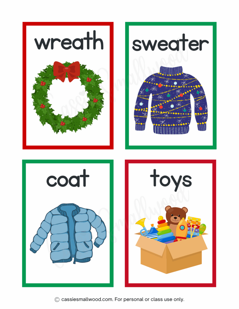 Christmas vocabulary words flashcards free printable pdf, wreath flashcard, sweater flashcard, coat flashcard, toys flashcard