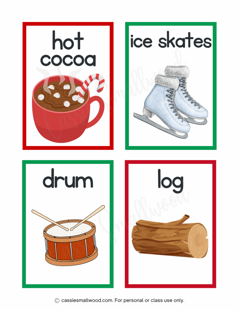 ESL Christmas flashcards free printable pdf, hot cocoa flashcard, ice skates flashcard, drum flashcard, log flashcard
