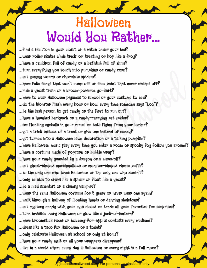 Funny Halloween questions for kids, Free printable Halloween would you rather game free printable pdf