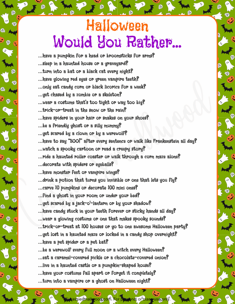 Halloween would you rather for kids free printable pdf