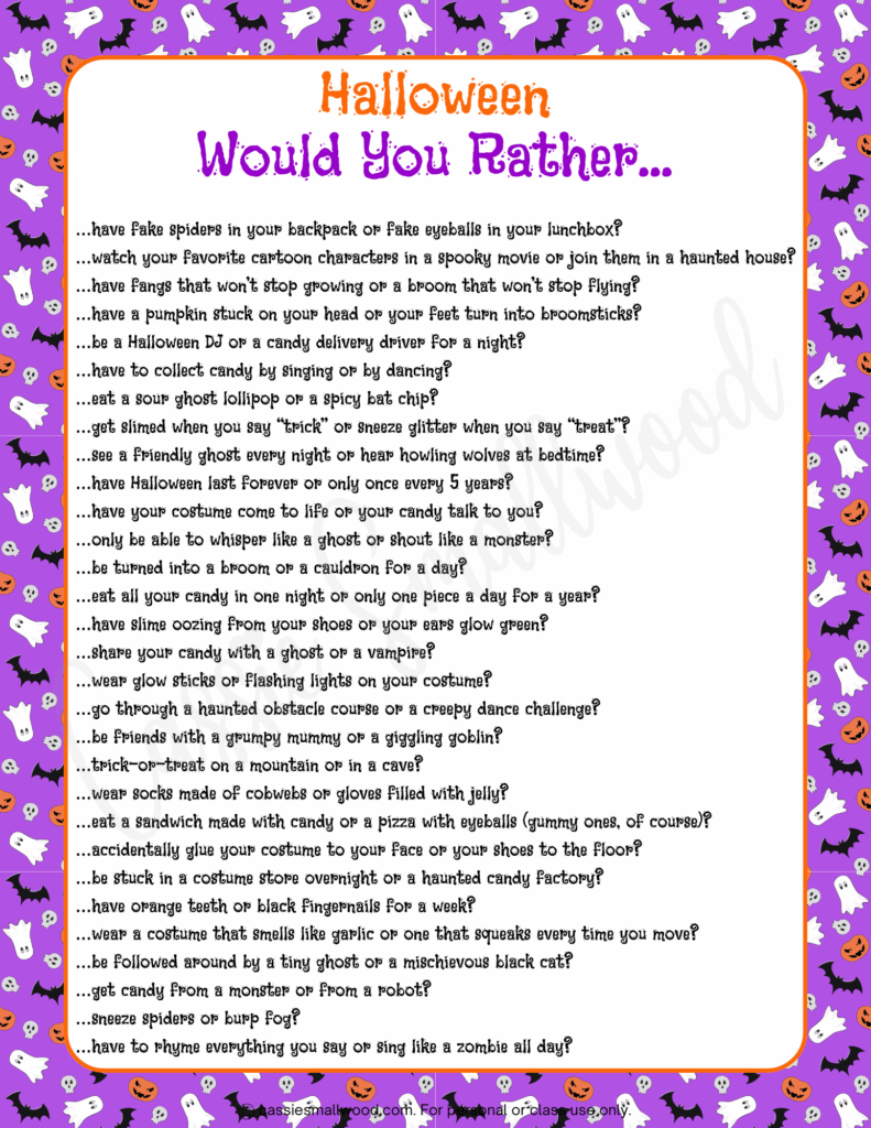 Would You Rather Halloween Game for kids free printable pdf