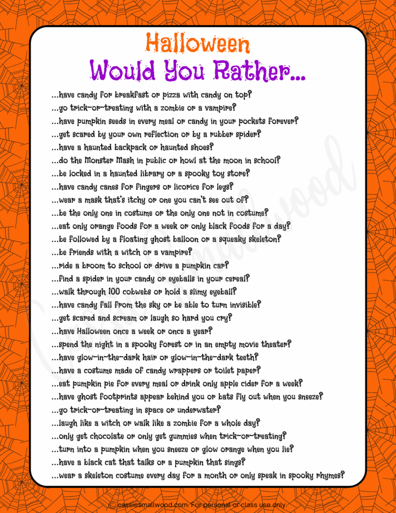 free printable Halloween would you rather questions for kids free printable pdf