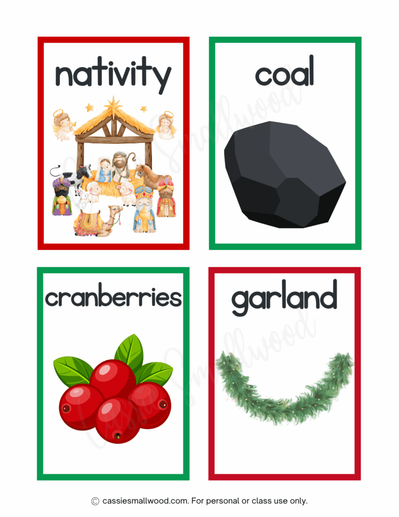Kindergarten Christmas flashcards free printable pdf, nativity flashcard, coal flashcard, cranberries flashcard, garland flashcard