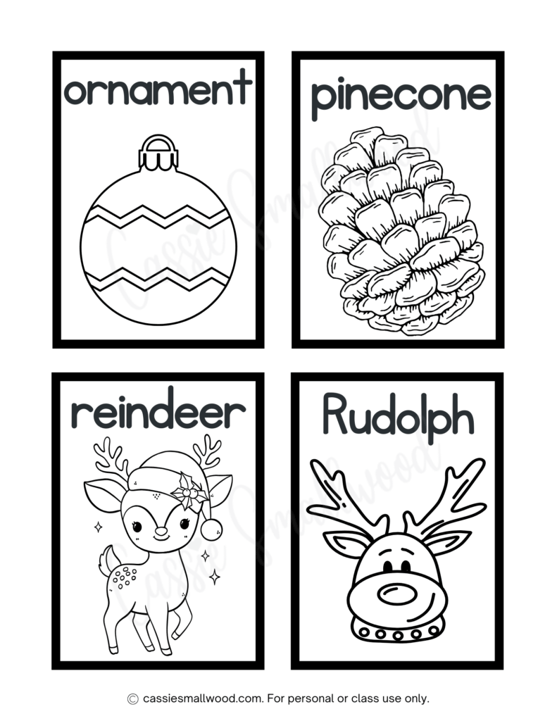 free printable Xmas flashcards to color pdf, ornament flash card, pinecone flash card, reindeer flash card, Rudolph flash card Christmas coloring page