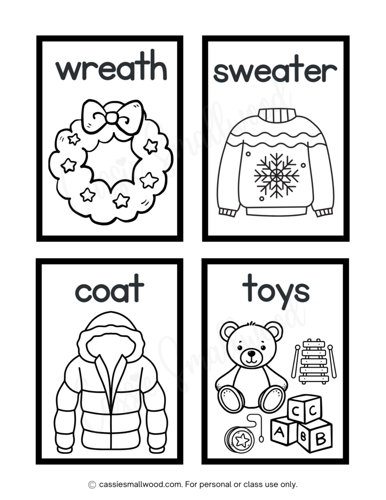Xmas vocabulary flash cards coloring sheet free printable pdf, wreath flash card, sweater flash card, coat flash card, toys flash card Christmas coloring page for preschool