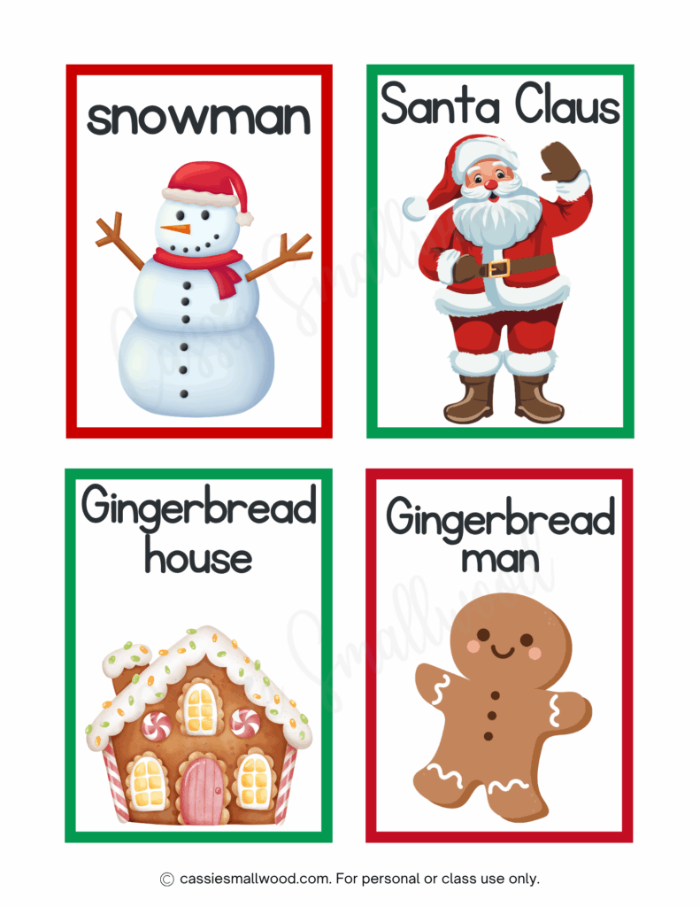 Free printable Christmas flash cards pdf, snowman flashcard, Santa Claus flashcard, gingerbread house flashcard, gingerbread man flashcard