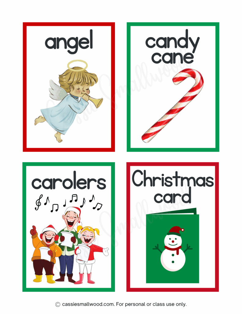 free printable Christmas flashcards pdf, angel flashcard, candy cane flashcard, carolers flashcard, Christmas card flashcard