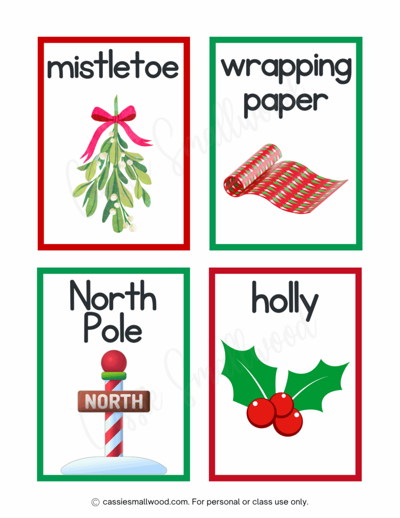 free printable Xmas flash cards pdf, mistletoe flashcard, wrapping paper flashcard, North Pole flashcard, holly flashcard