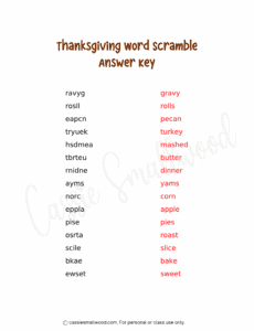 Happy Thanksgiving word scramble answer key free printable pdf