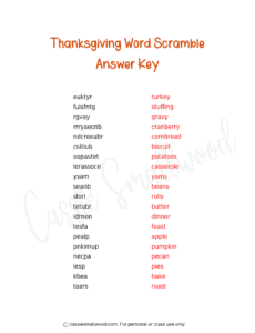 difficult Thanksgiving word scramble answer key free printable pdf