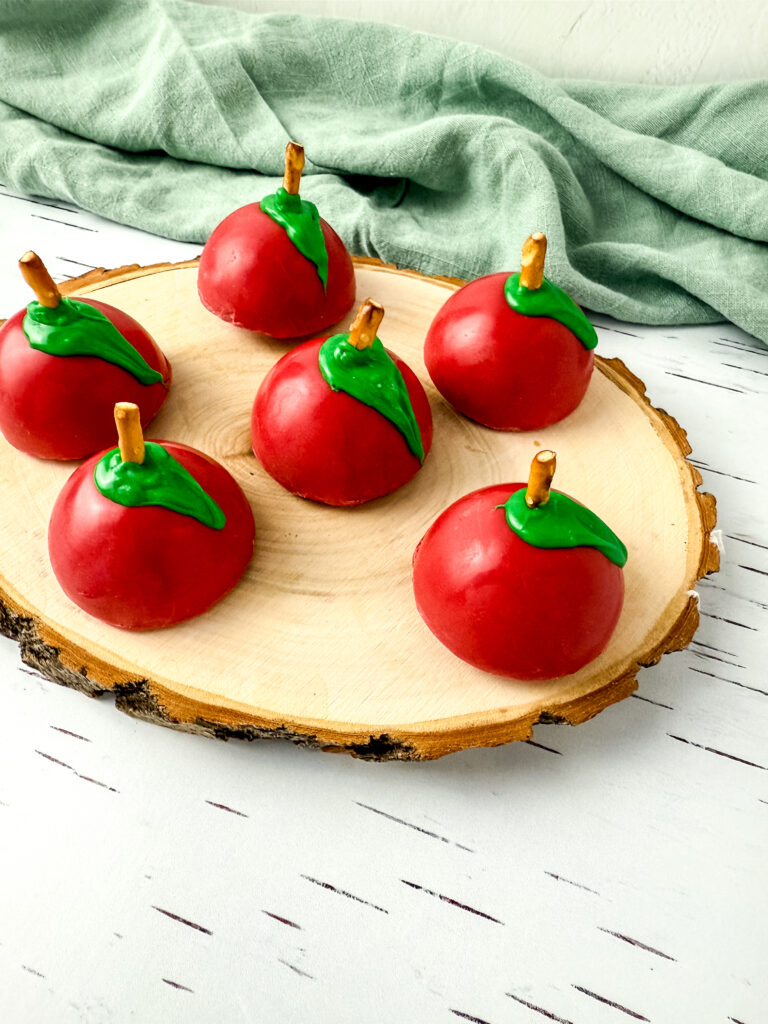 DIY Apple teacher gift apple shaped truffles with apple butter and pretzels for teacher thank you present