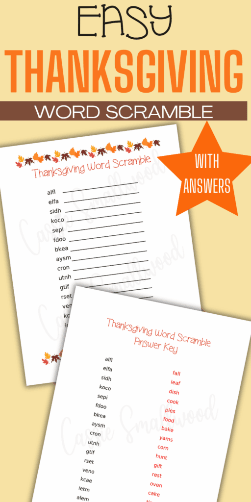 easy Thanksgiving word scramble free printable pdf