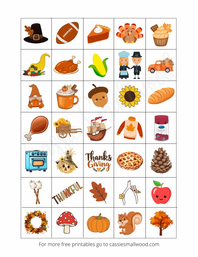 free printable Thanksgiving Bingo call card pdf