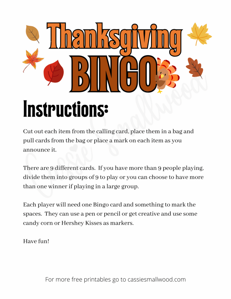 free printable Thanksgiving bingo game instructions