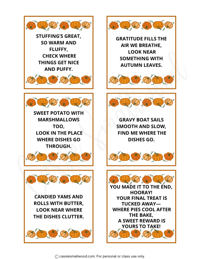 free printable Thanksgiving scavenger hunt for kids with rhyming riddles, indoor thanksgiving treasure hunt free printable pdf