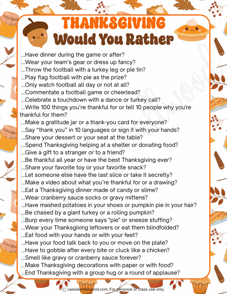 funny Thanksgiving questions for kids free printable pdf, Thanksgiving this or that questions, Thanksgiving would you rather game printable pdf