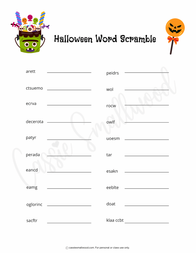 Free printable Halloween word scramble worksheet pdf 3rd grade, 4th grade