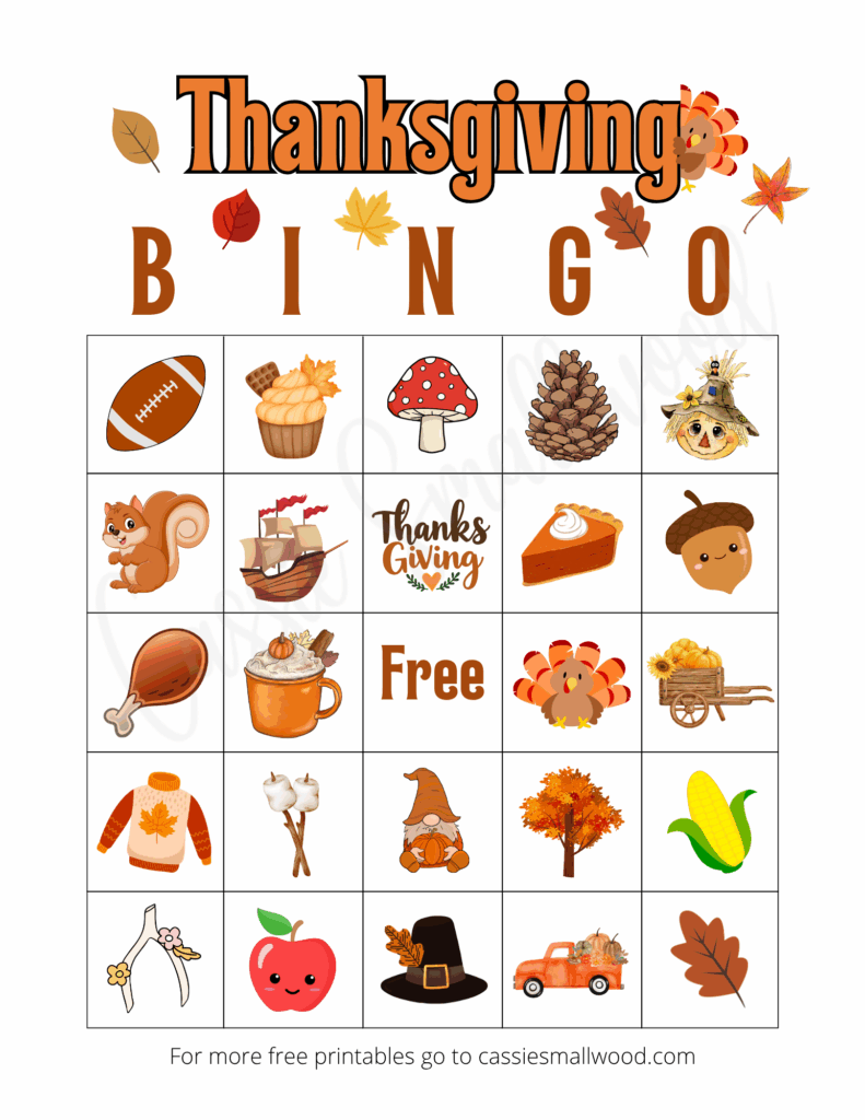 kindergarten Thanksgiving Bingo free printable pdf, easy Thanksgiving bingo with pictures