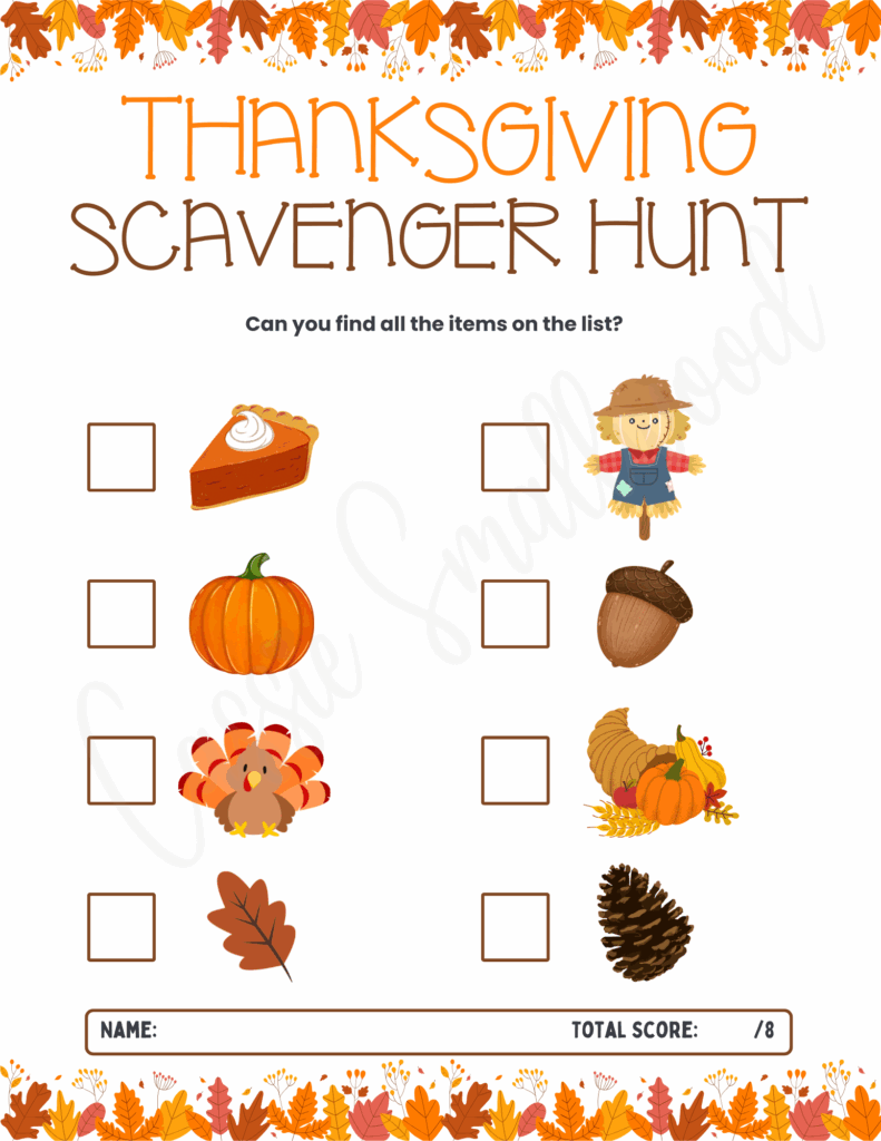 easy preschool Thanksgiving scavenger hunt free printable pdf
