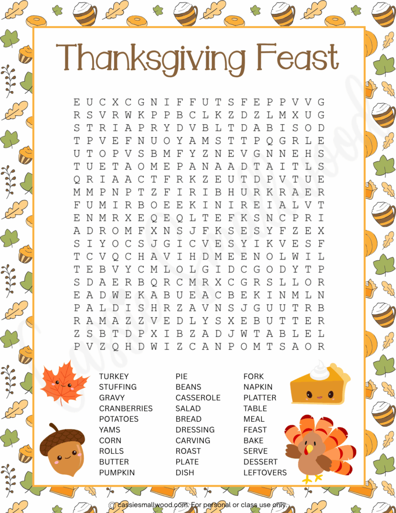 Thanksgiving Feast Word Search Puzzle free printable pdf, word find Thanksgiving with answer key, difficult Thanksgiving find a word for 5th grade, 6th grade, middle school, and high school