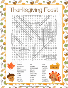 Thanksgiving feast word search puzzle answer key free printable pdf, Thanksgiving day word find with answers
