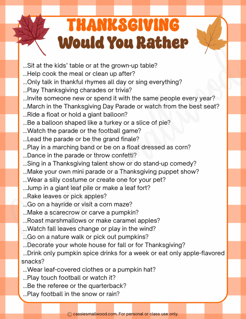 funny Thanksgiving this or that questions for kids free printable pdf, Thanksgiving would you rather game for family