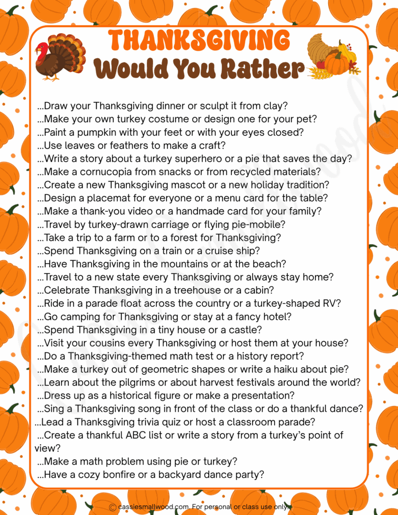 fall Thanksgiving would you rather game Thanksgiving edition free printable pdf