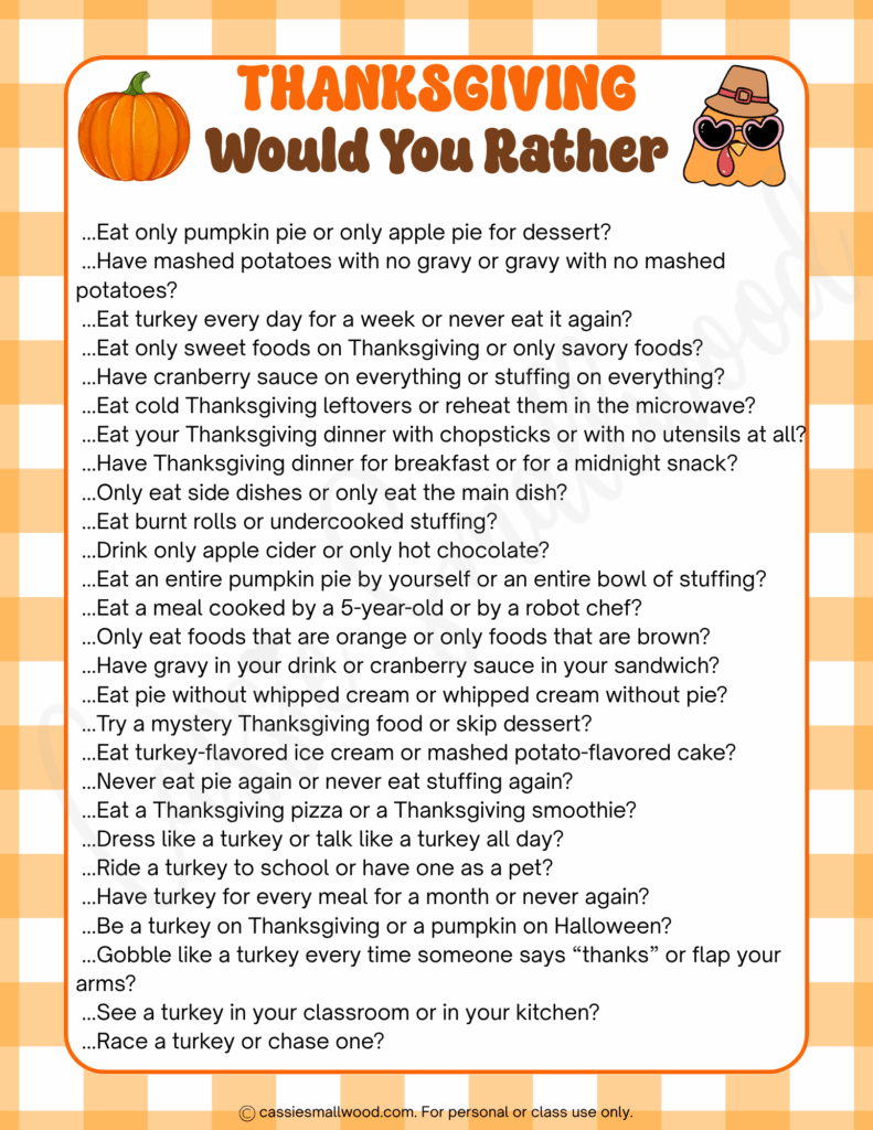 good Thanksgiving would you rather questions free printable pdf