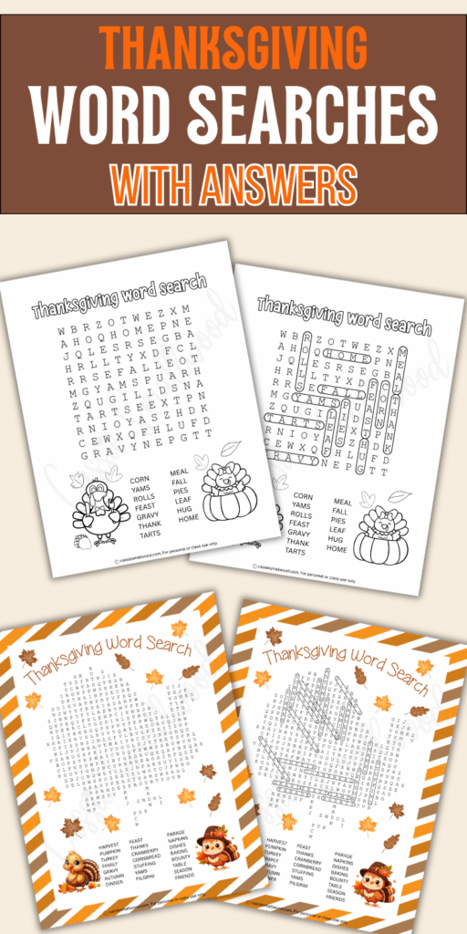 free printable Thanksgiving find a word puzzles with answer key