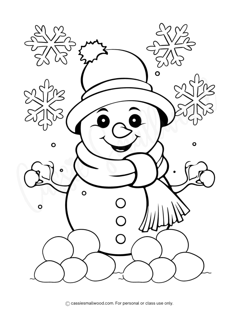 cute snowman coloring page for kids free printable pdf, winter coloring sheet