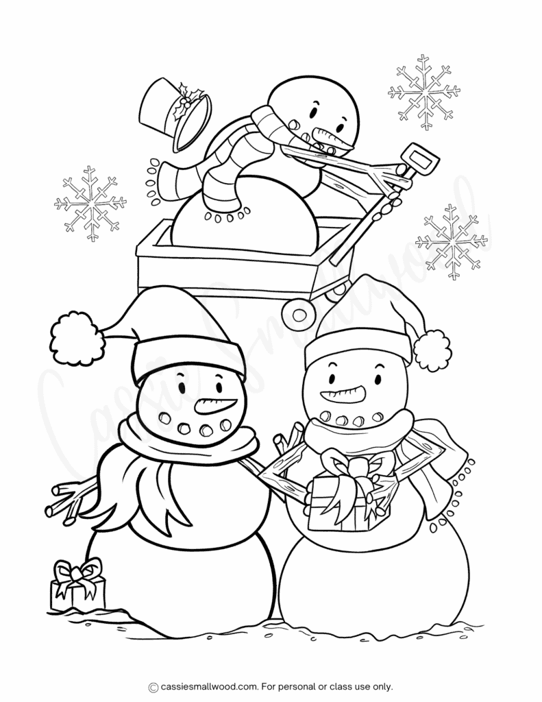 free printable snowmen coloring page pdf, winter coloring sheet for kids