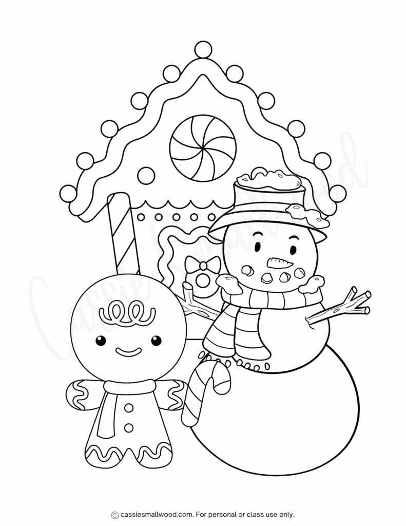 gingerbread man and snowman coloring page free printable pdf, winter holiday coloring sheet for kids, gingerbread house coloring picture