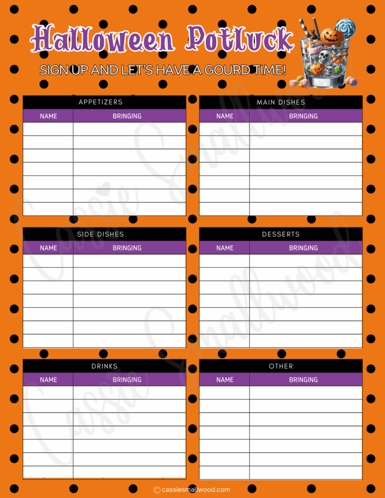Halloween potluck signup sheet free printable pdf, Cute Halloween party food sign up list