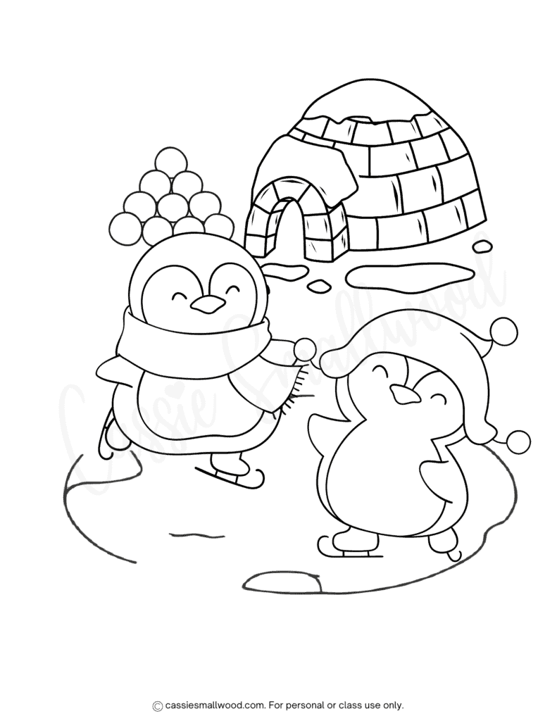 ice skating penguins coloring page free printable pdf, cute winter penguin coloring sheet for kids