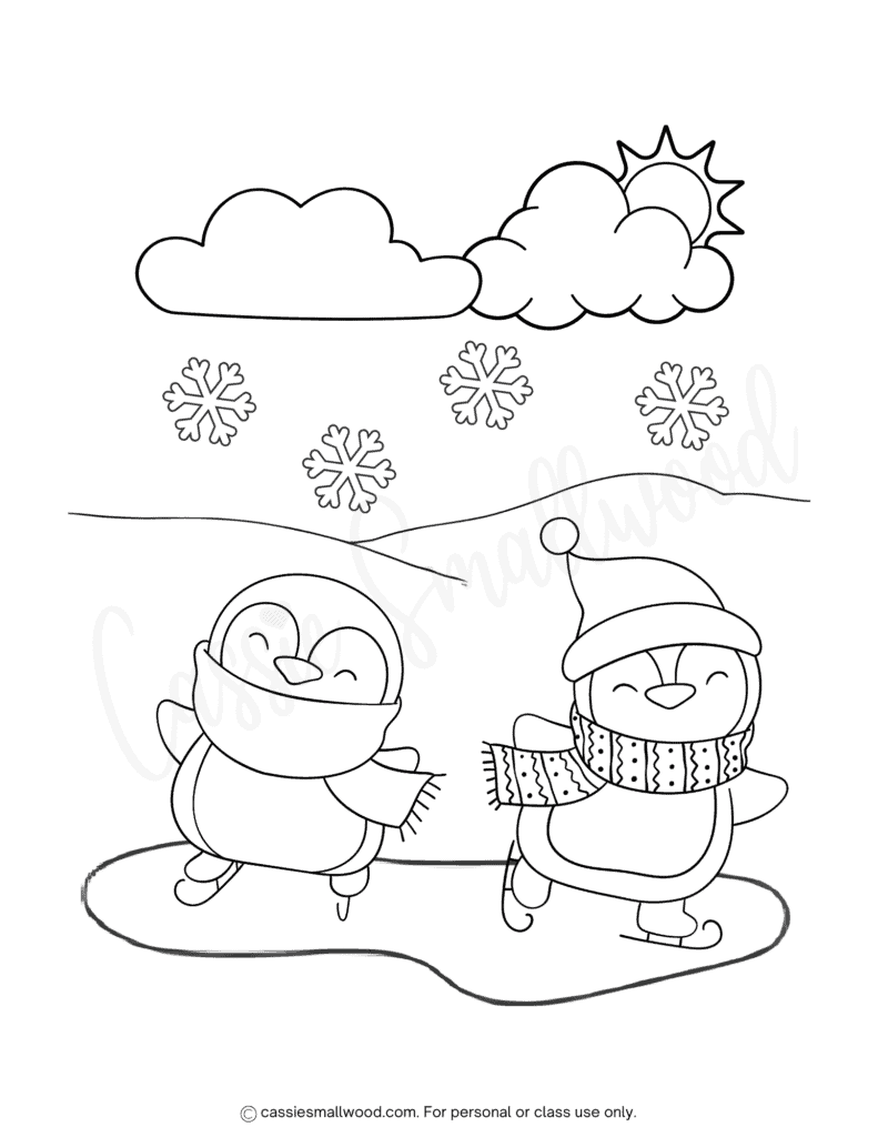 cute ice skating penguins coloring sheet free printable pdf, winter penguin coloring page for kids