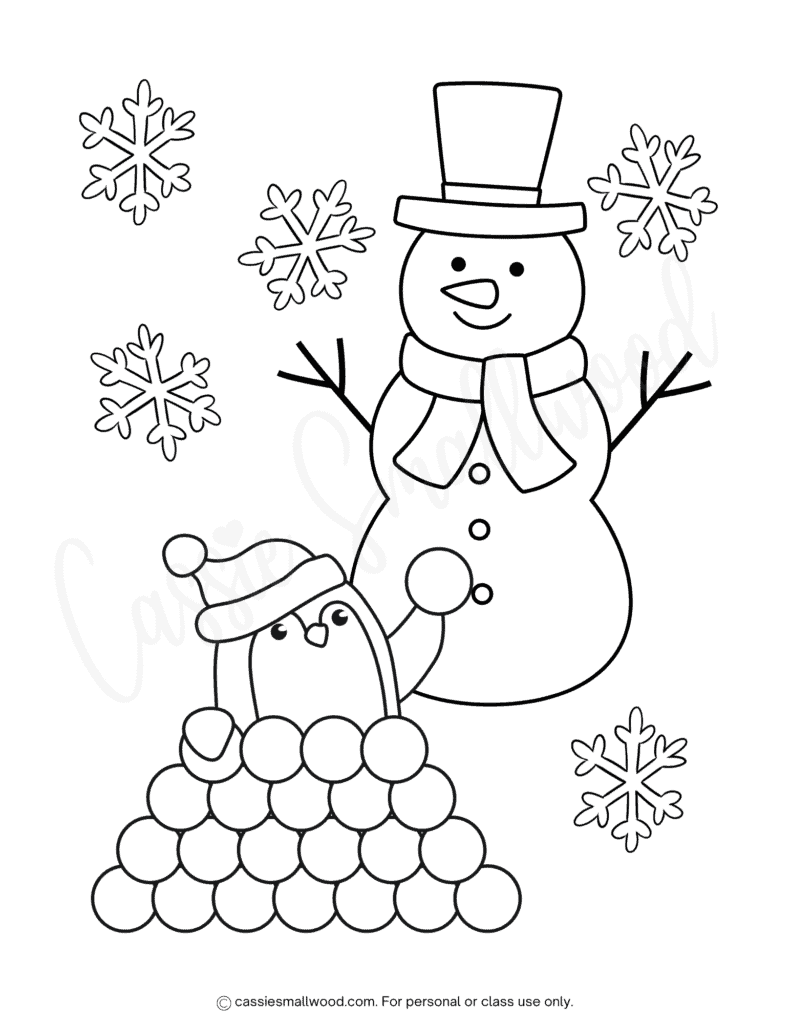 penguin and snowman coloring sheet for winter free printable pdf, kids winter coloring page easy