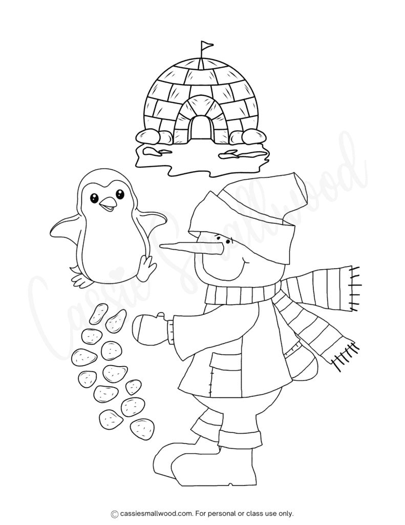 penguin and snowman coloring page free printable pdf, fun winter coloring sheets for kids