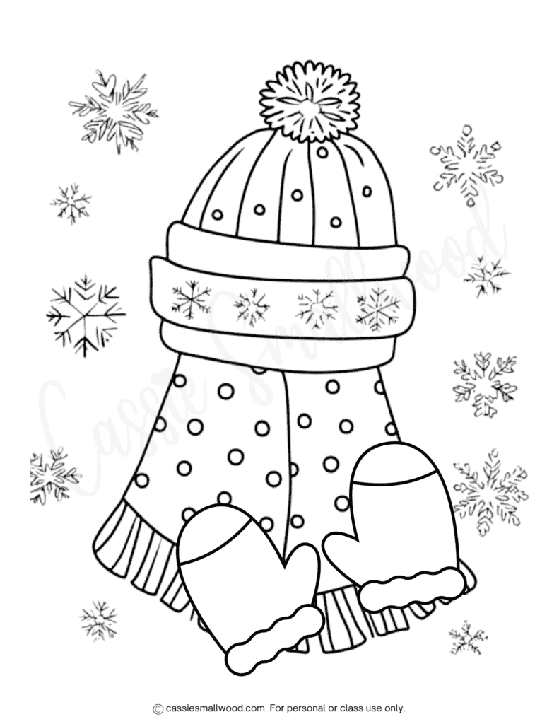 scarf, hat, and mittens winter coloring page free printable pdf, winter clothes coloring sheet for kids to print for free