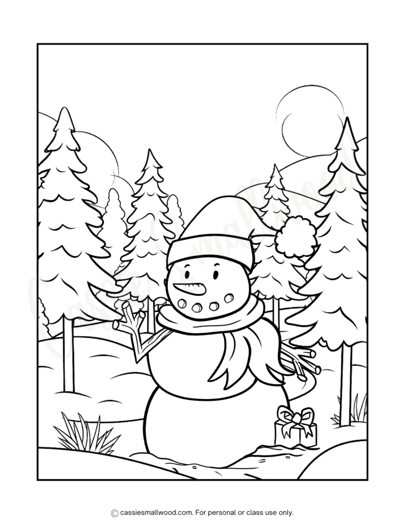 trees and snowman coloring page free printable pdf, winter coloring pictures for kids