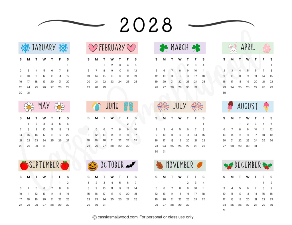 full page 12 month 2028 yearly calendar, annual at a glance calendar 2028 landscape