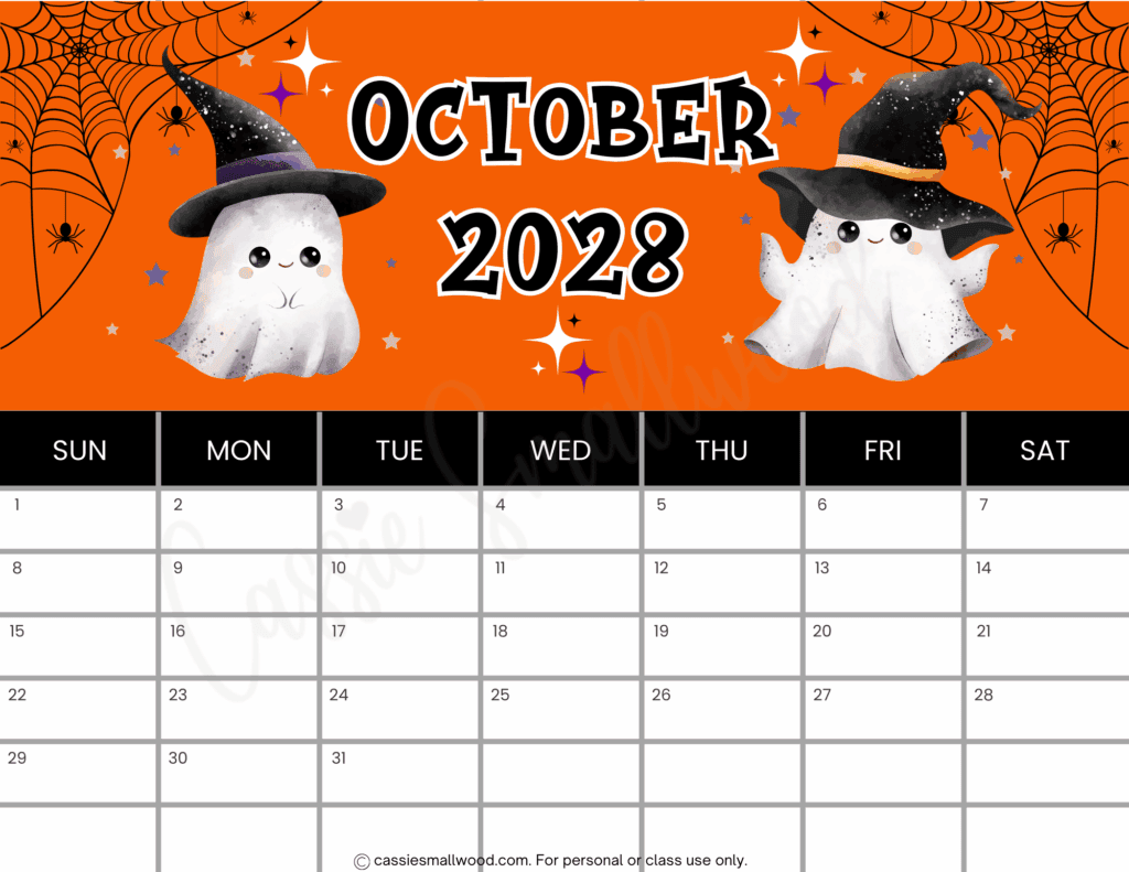 free printable October 2028 calendar pdf, 2028 12 month calendar year landscape