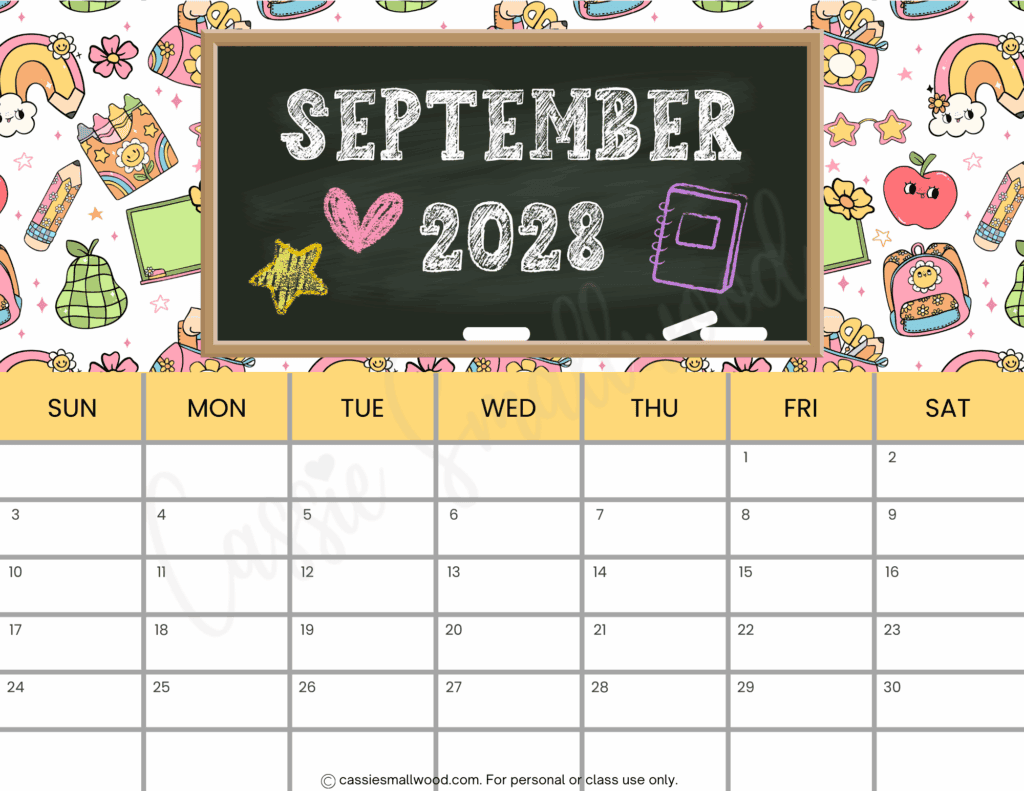 free printable September 2028 calendar colorful school monthly calendar 2028 full page pdf
