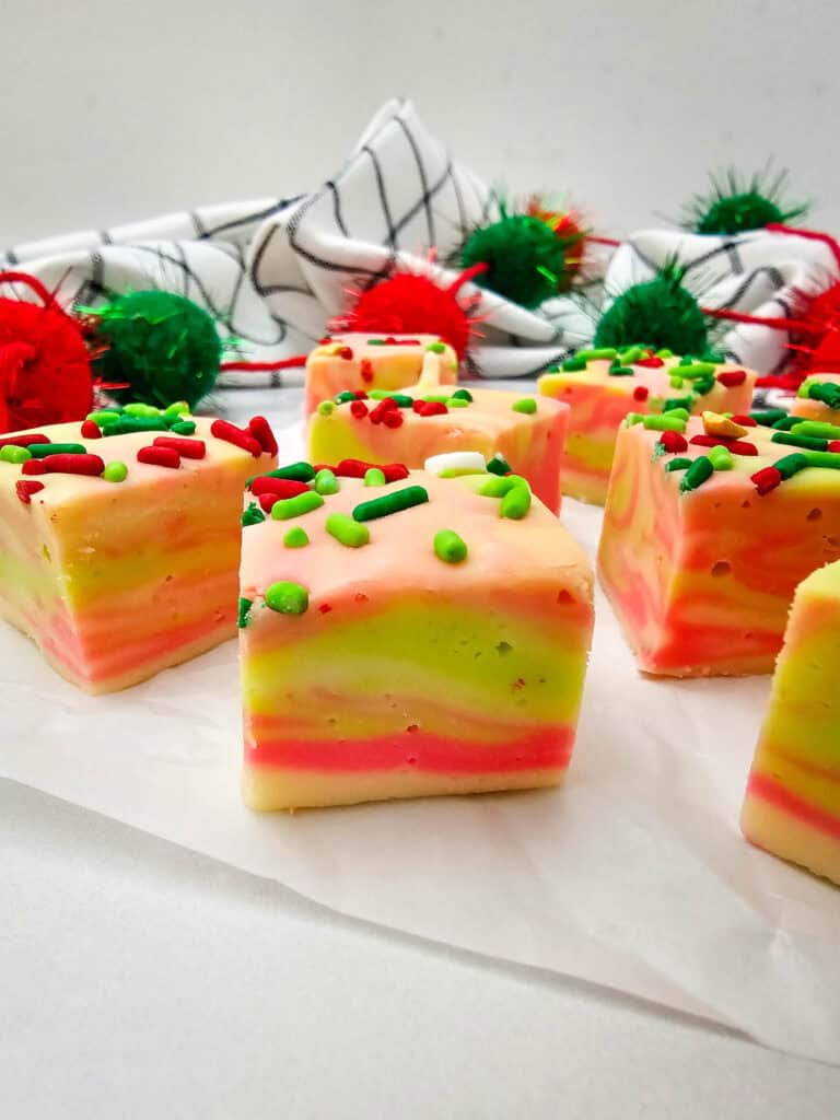 easy vanilla Christmas fudge with condensed milk and white chocolate, red and green Christmas swirl fudge recipe