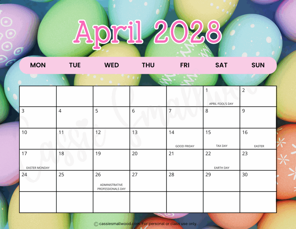 Free printable April 2028 Calendar pdf, cute Monday start 2028 monthly calendar with holidays landscape horizontal colorful school spring
