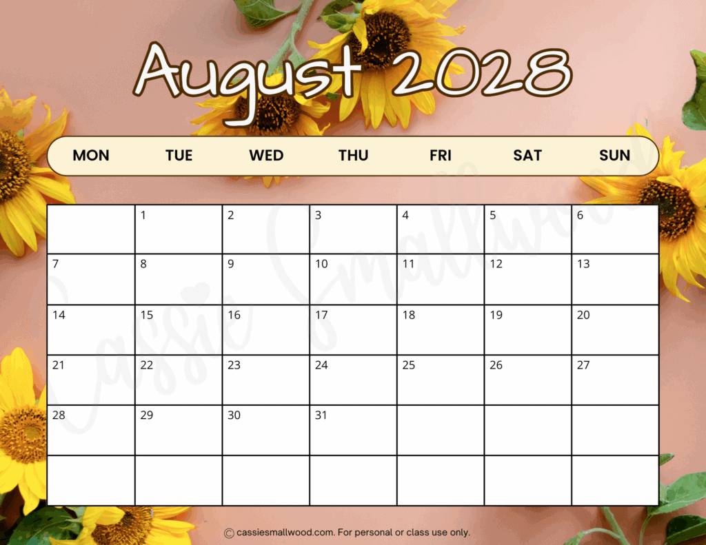 Free printable August 2028 Calendar pdf, cute Monday start 2028 monthly calendar with holidays landscape horizontal colorful school summer