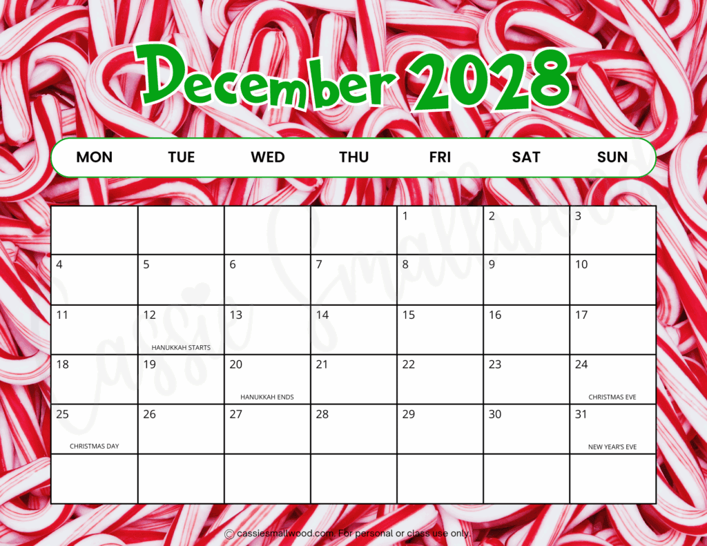 Free printable December 2028 Calendar pdf, cute Monday start 2028 monthly calendar with holidays landscape horizontal colorful school