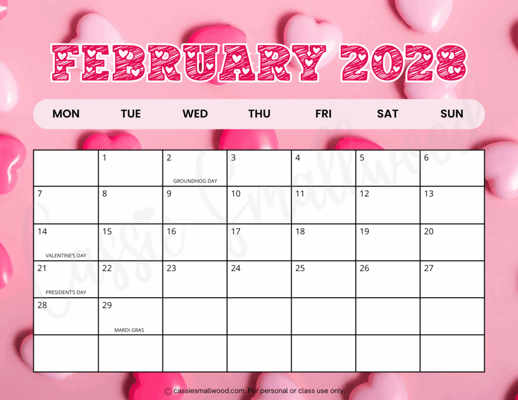 Free printable February 2028 Calendar pdf, cute Monday start 2028 monthly calendar with holidays landscape horizontal
